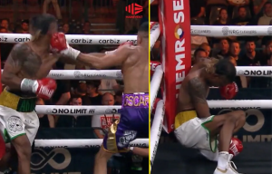 Boxer instantly puts opponent to sleep and leaves him sprawled on ropes with left hook KO